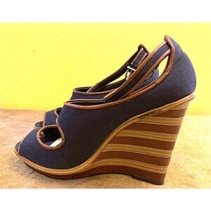 Lela Rose navy canvas open toe wedges w/ brown trim, ankle strap, striped heels